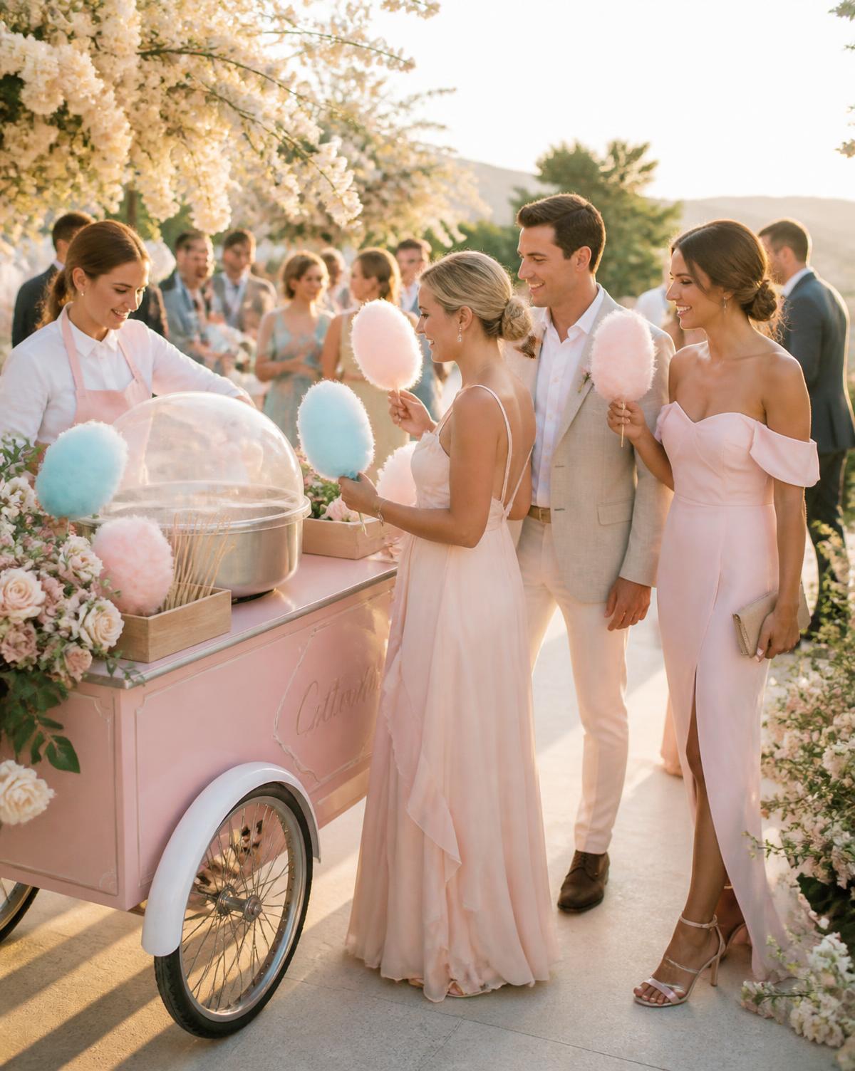 Guests at a golden hour wedding holding pastel cotton candy beside a pink cart