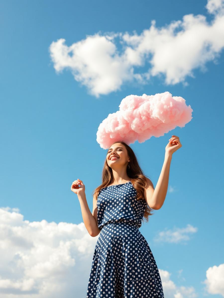 A guest holding an oversized pink cotton candy cloud against a blue sky