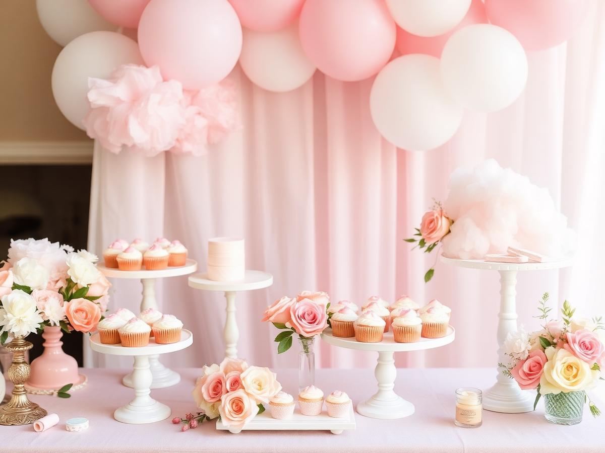A pastel dessert table styled with cotton candy and florals