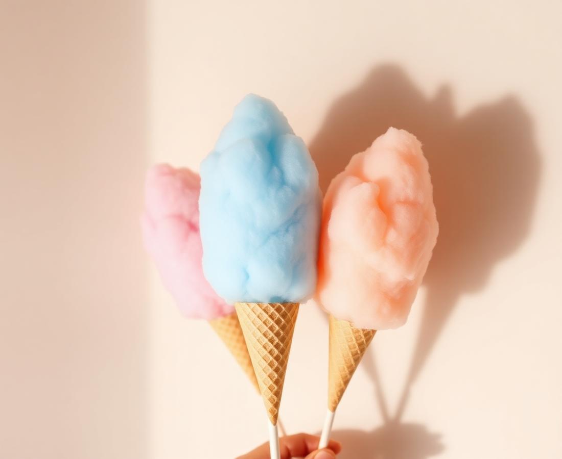 Three pastel cotton candy cones in pink, blue and peach